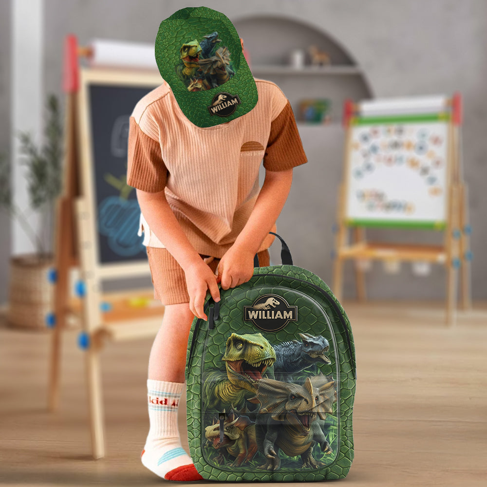 Dinosaurierwelt – Personalisierte Kinder-Klassiker-Kappe & Rucksack