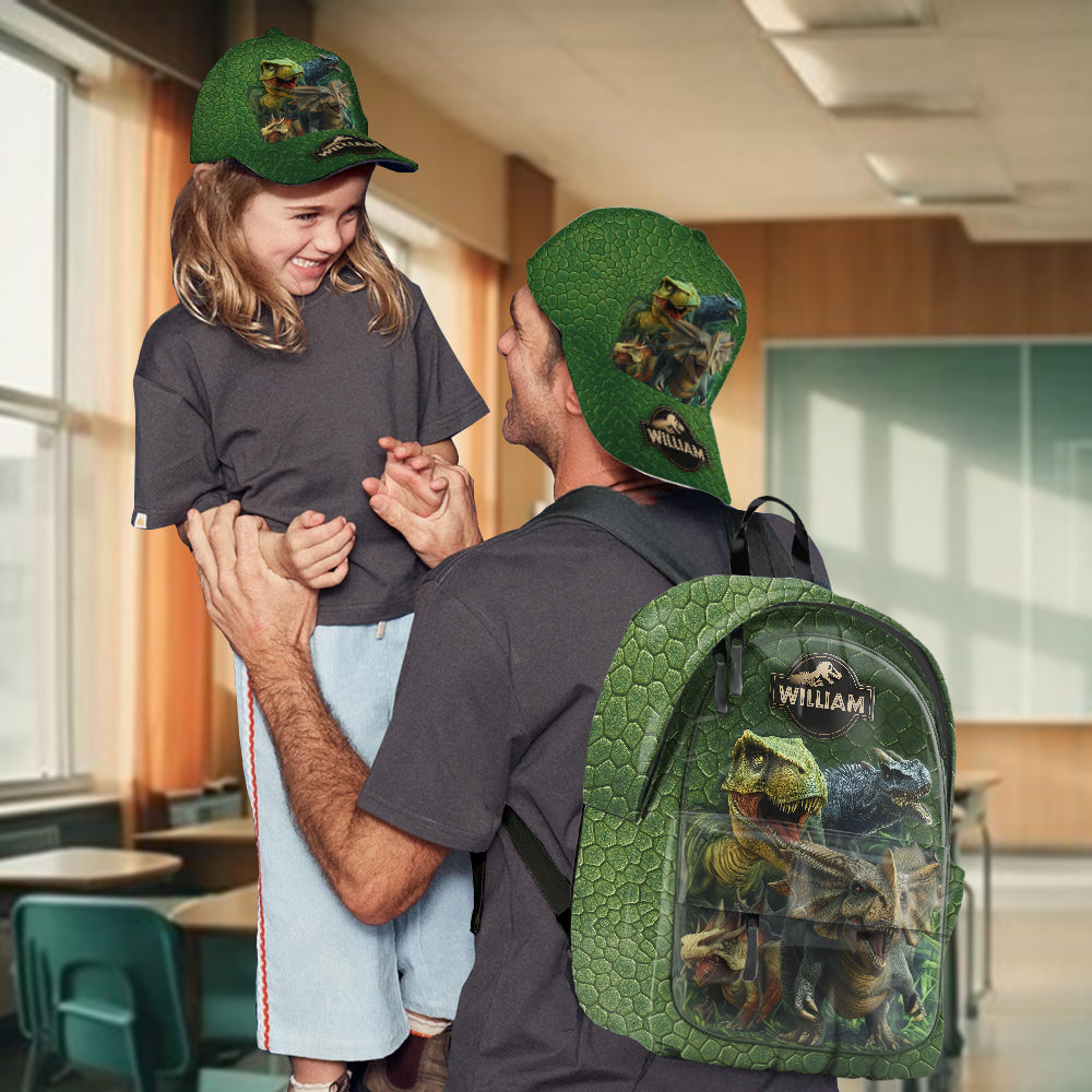 Dinosaurierwelt – Personalisierte Kinder-Klassiker-Kappe & Rucksack