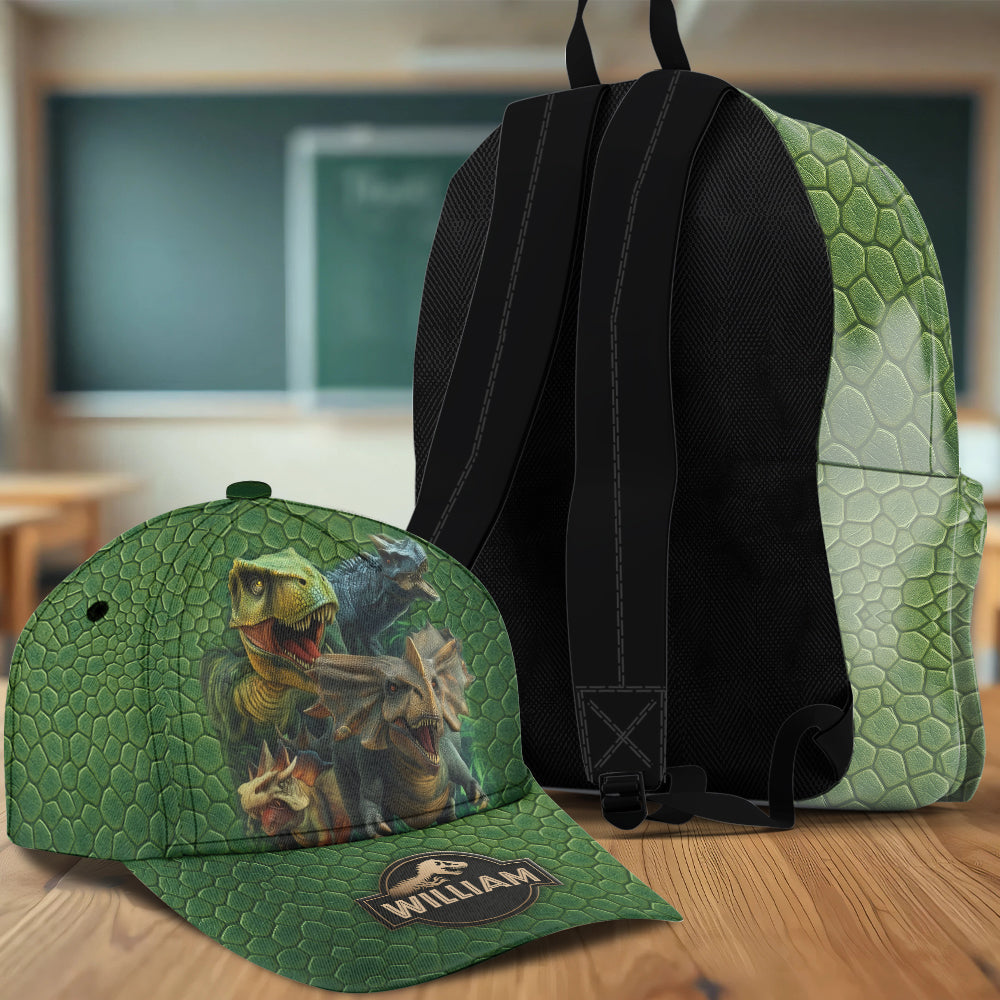 Dinosaurierwelt – Personalisierte Kinder-Klassiker-Kappe & Rucksack