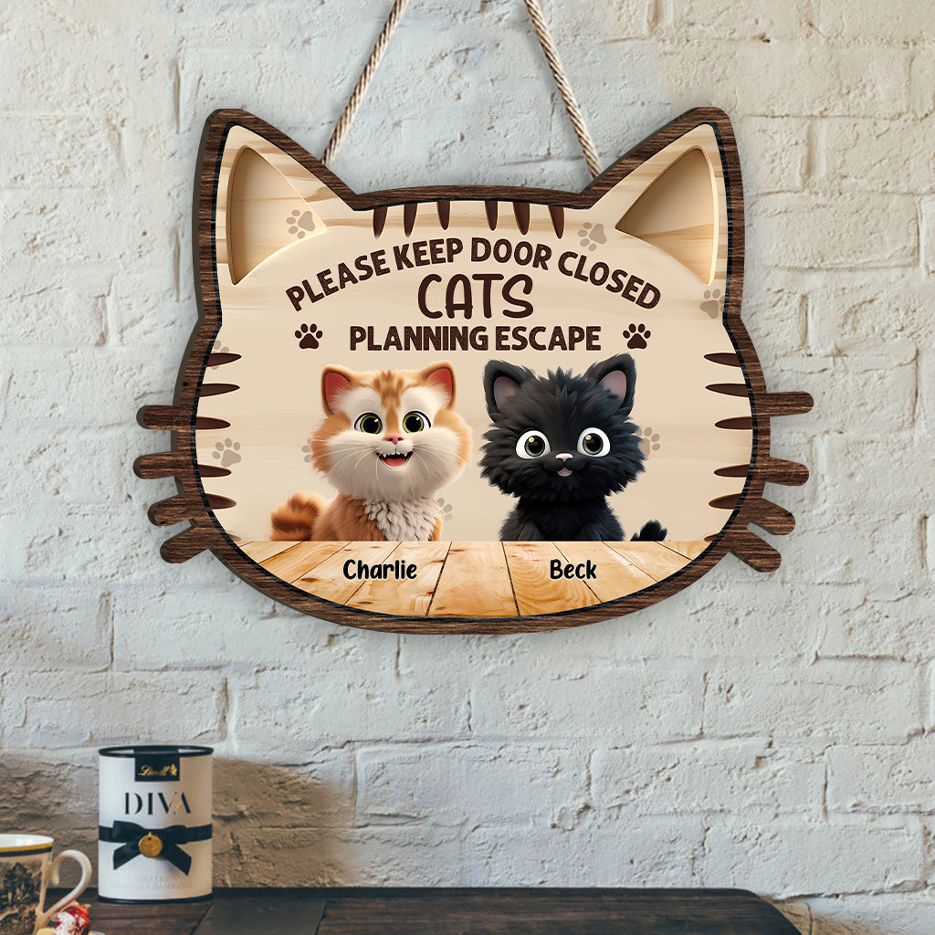 Please Keep Door Close - Personalized Cat Custom Shaped Wood Sign