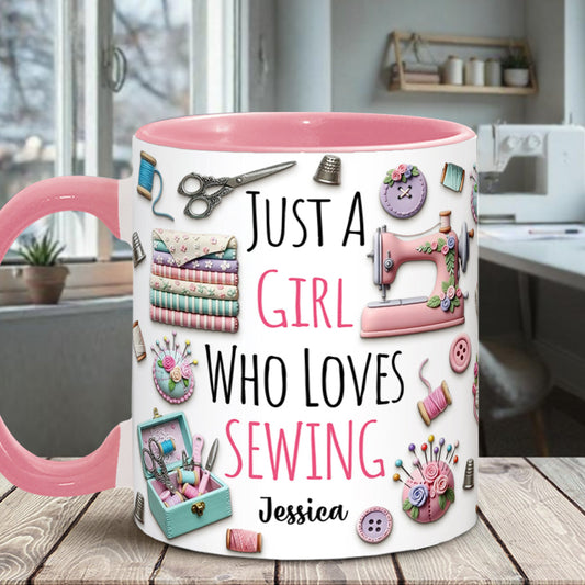 Einfach ein Mädchen, das Nähen liebt – personalisierte Tasse mit Nähmotiv
