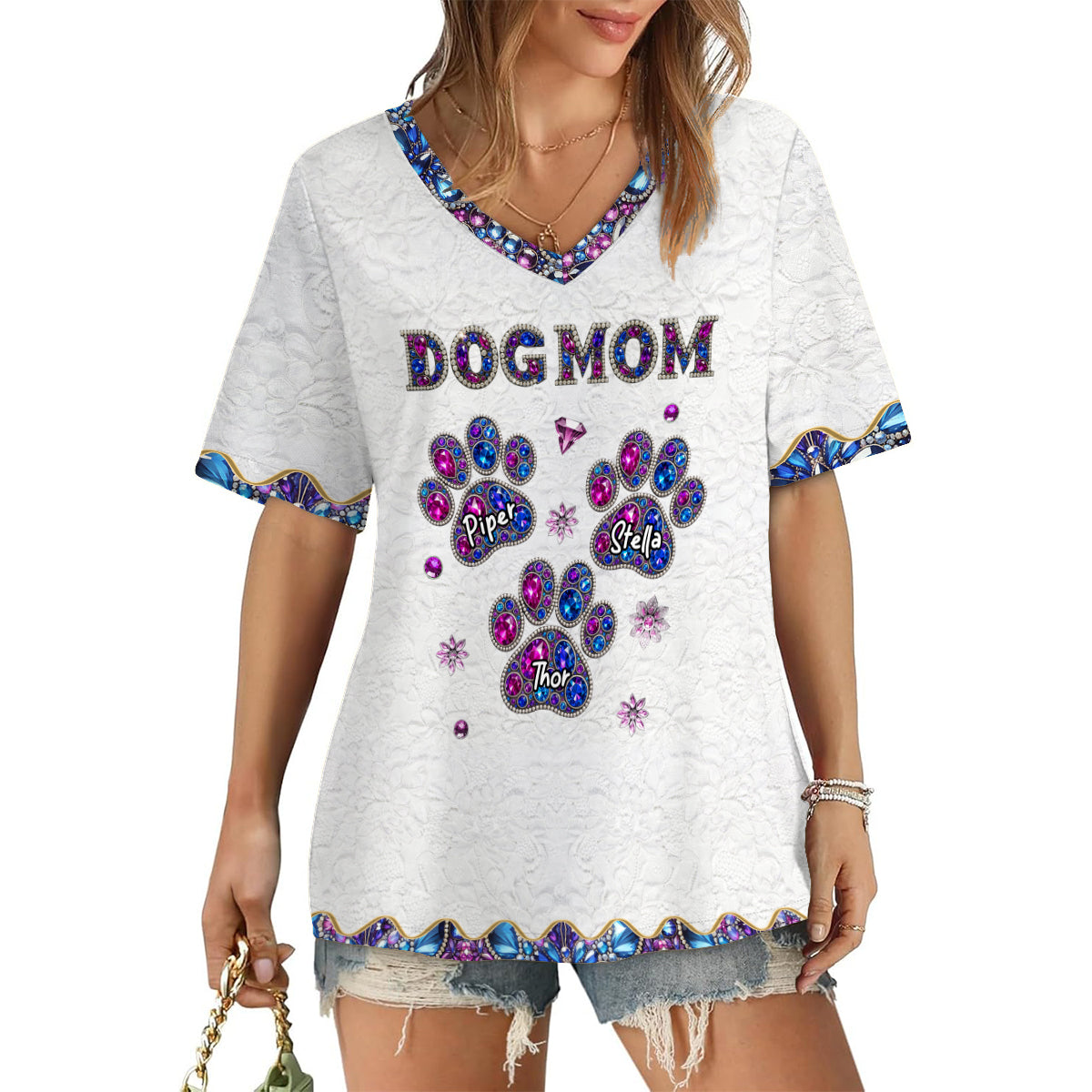 Stolze Hundemama – Personalisiertes T-Shirt mit V-Ausschnitt und Hundemotiv