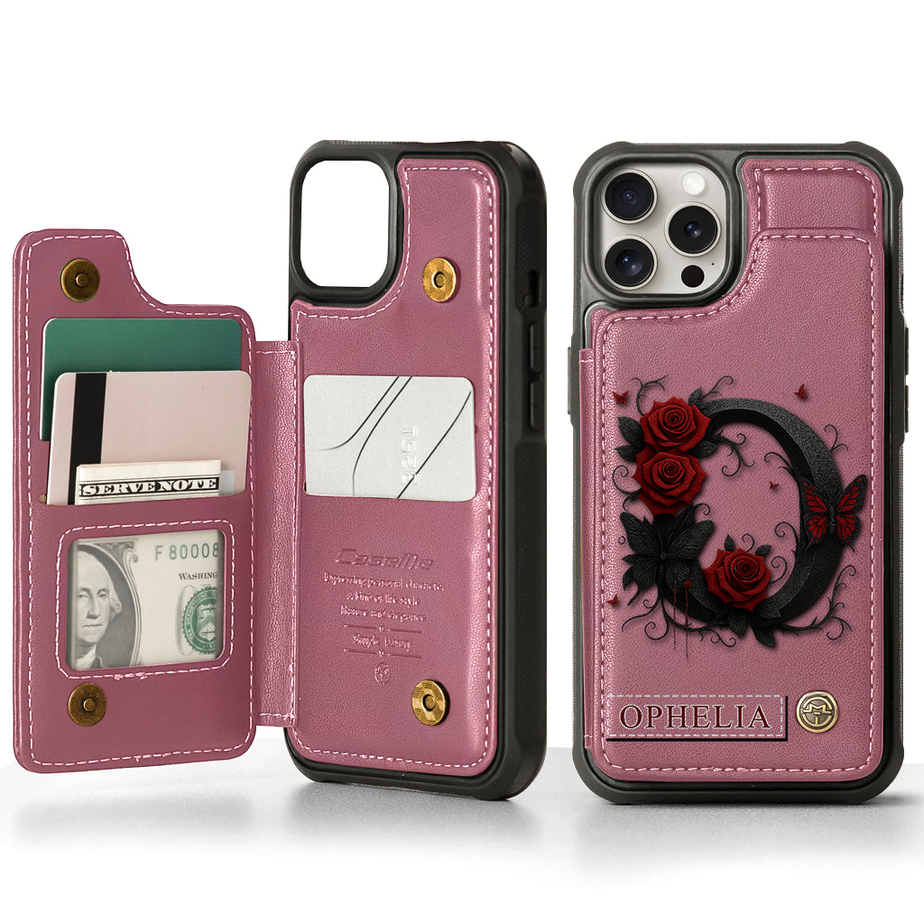 Alphabet Red Rose And Butterflies - Personalized Luxury Wallet Phone Case