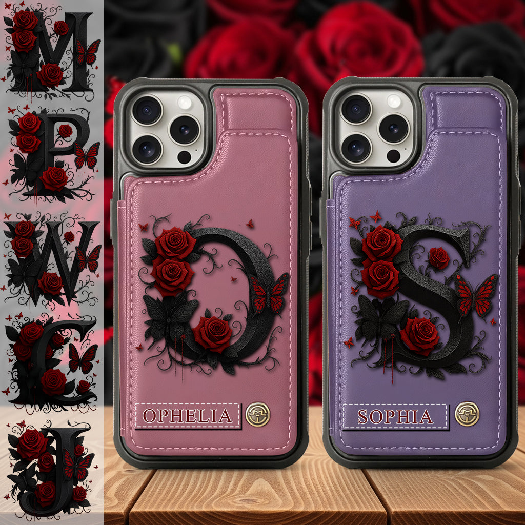 Alphabet Red Rose And Butterflies - Personalized Luxury Wallet Phone Case