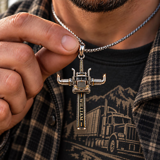 Semi Truck Cross - Personalized Trucker Shaped Metal Pendant Necklace