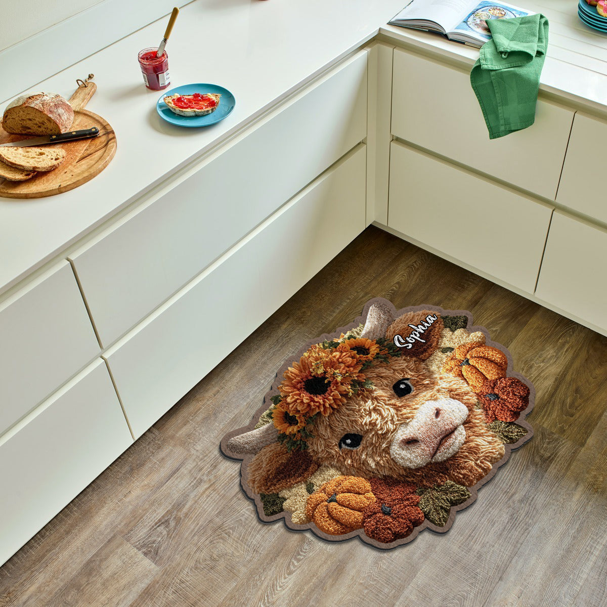Herbstsaison – Personalisierter, rutschfester, getufteter Teppich mit Hochlandrind-Motiv