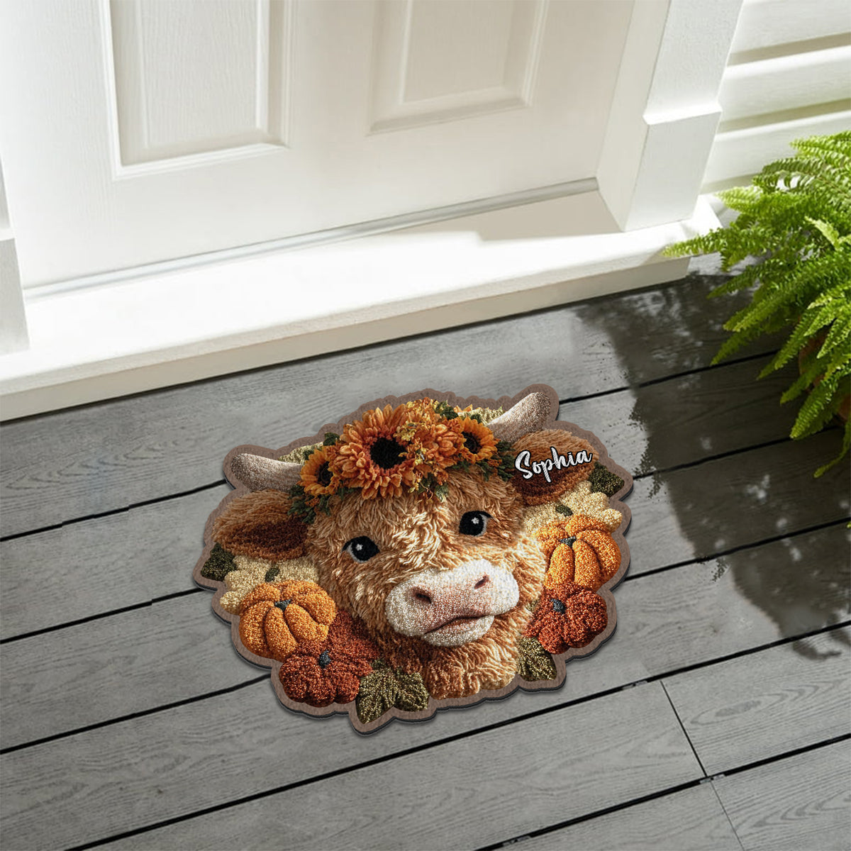 Herbstsaison – Personalisierter, rutschfester, getufteter Teppich mit Hochlandrind-Motiv