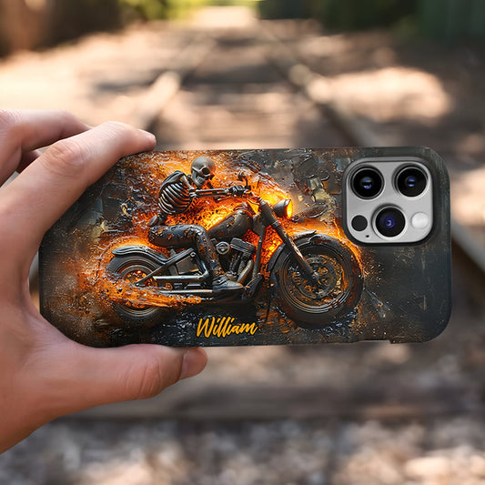 Skeleton Riding Flaming Motorcycle - Personalized Biker Full Print Phone Case