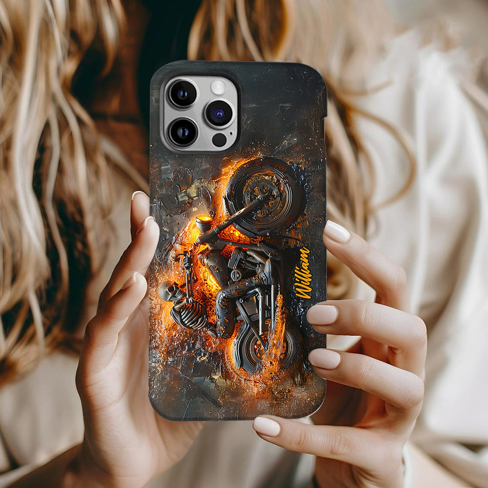 Skeleton Riding Flaming Motorcycle - Personalized Biker Full Print Phone Case
