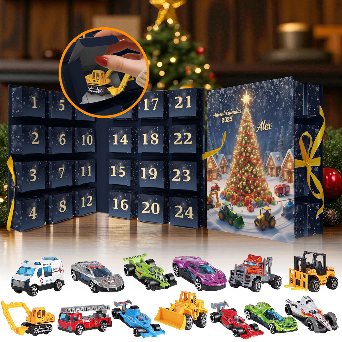 Weihnachtsfahrzeug - Personalisierter Adventskalender für Kinder zum Zusammenfalten mit Ornamenten