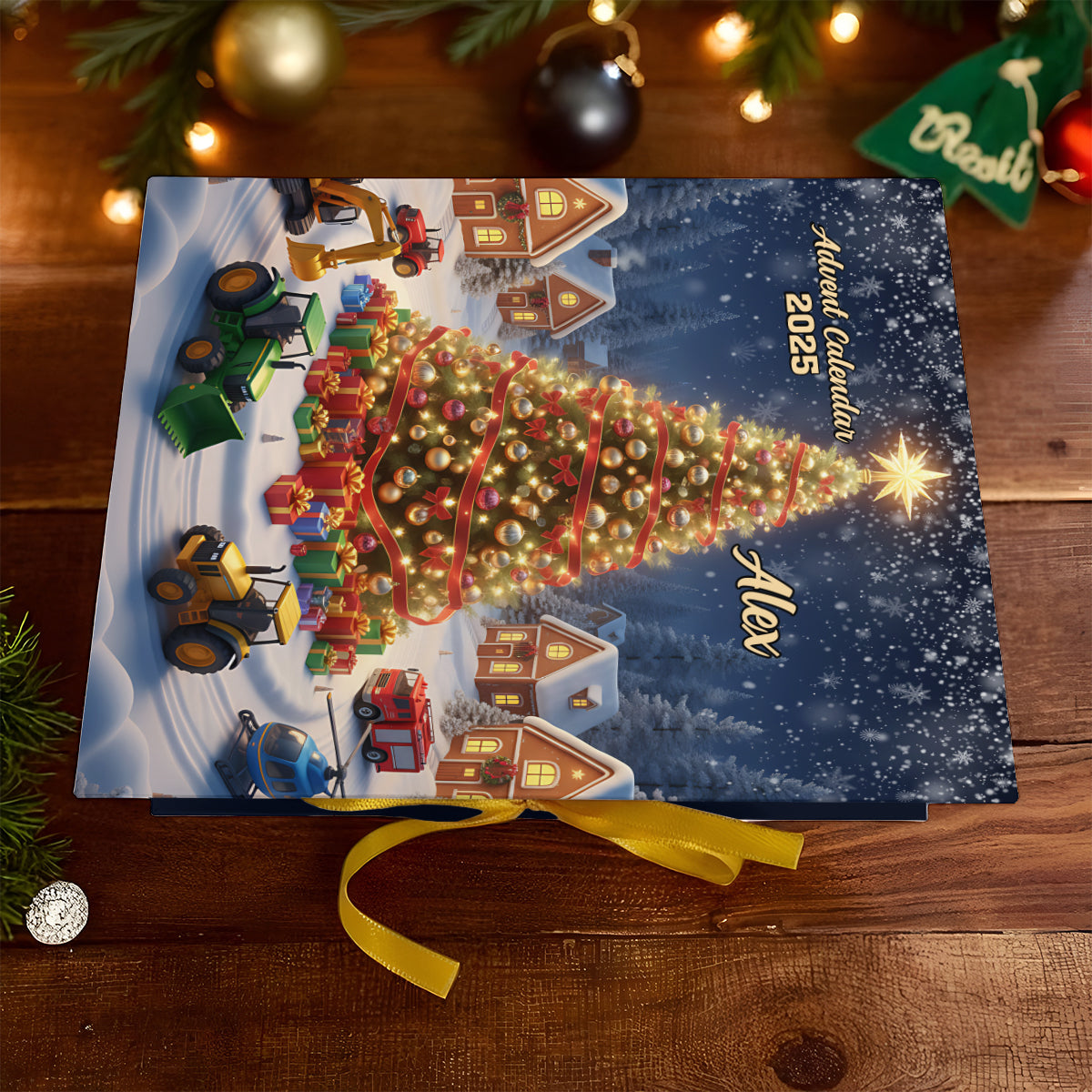 Weihnachtsfahrzeug - Personalisierter Adventskalender für Kinder zum Zusammenfalten mit Ornamenten