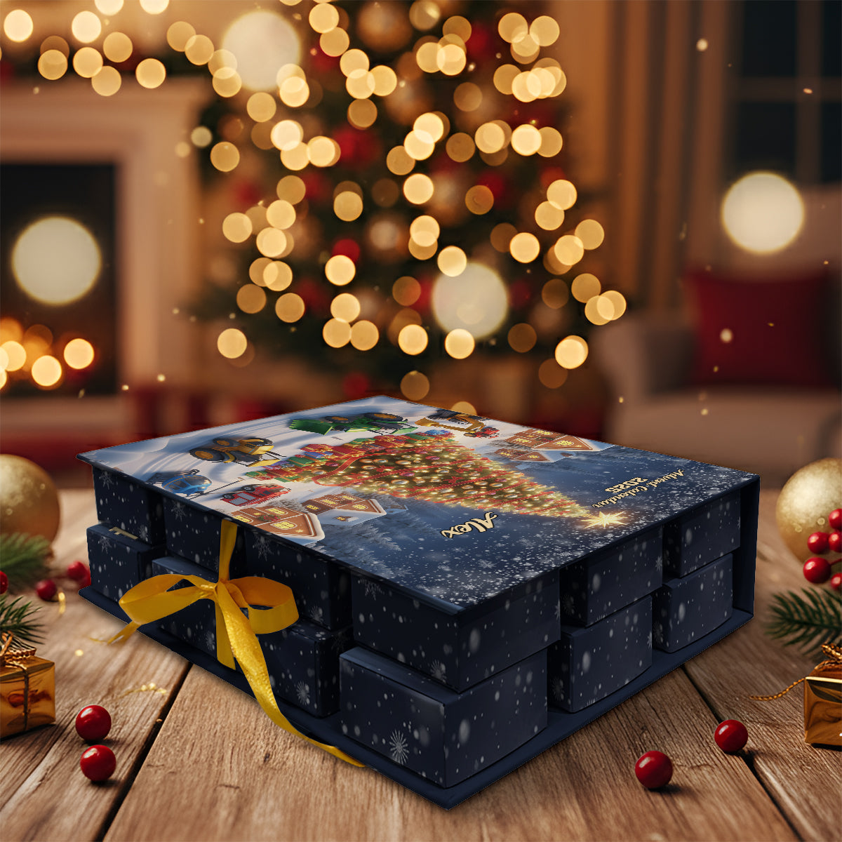Weihnachtsfahrzeug - Personalisierter Adventskalender für Kinder zum Zusammenfalten mit Ornamenten