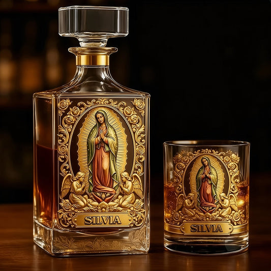 Personalisiertes christliches Whisky-Dekanter-Set „Unsere Liebe Frau von Guadalupe“