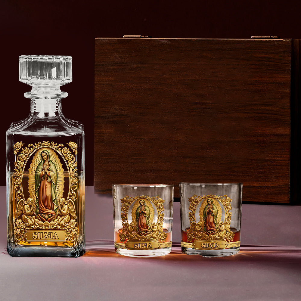 Personalisiertes christliches Whisky-Dekanter-Set „Unsere Liebe Frau von Guadalupe“