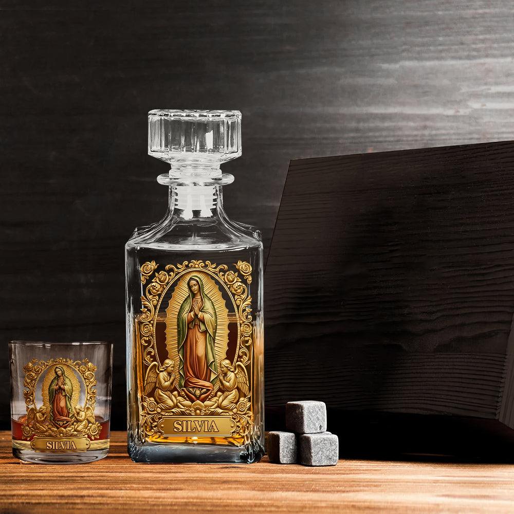 Personalisiertes christliches Whisky-Dekanter-Set „Unsere Liebe Frau von Guadalupe“
