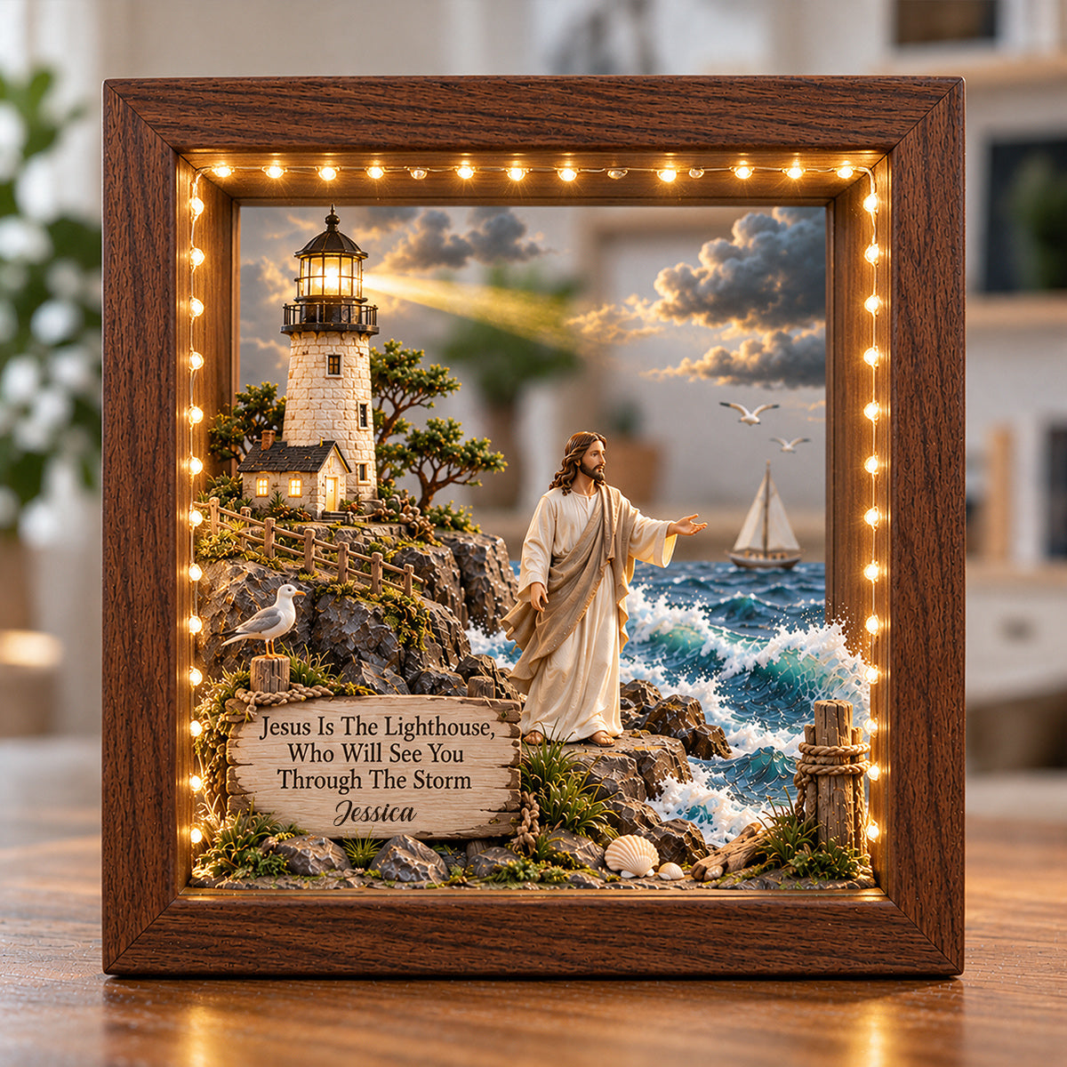 Jesus Is The Lighthouse, Who Will See You Through The Storm - Personalized Christian Wooden Frame LED Light