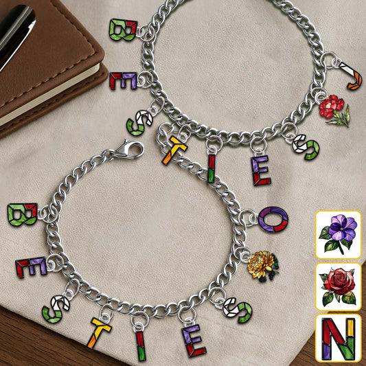 Beste Freundinnen mit Geburtsblumen und Initialen – Personalisiertes Freundschaftsarmband mit Anhängern