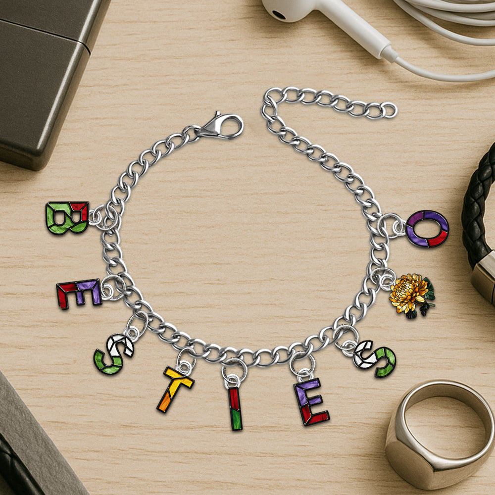 Beste Freundinnen mit Geburtsblumen und Initialen – Personalisiertes Freundschaftsarmband mit Anhängern