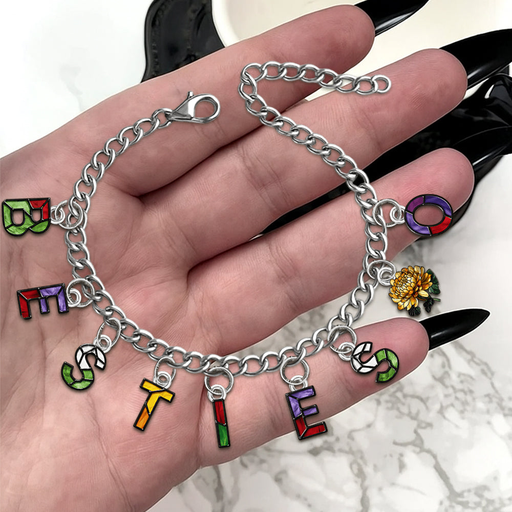 Beste Freundinnen mit Geburtsblumen und Initialen – Personalisiertes Freundschaftsarmband mit Anhängern