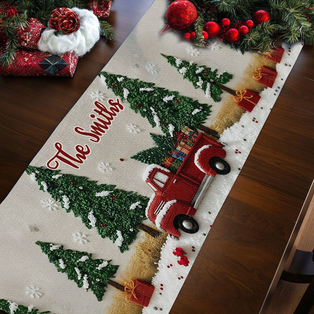 All Hearts Come Home For Christmas - Personalized Family Table Runner
