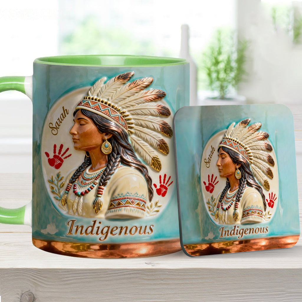 Indigenes Design – Personalisierte Tasse und Untersetzer mit amerikanischem Indianer-Akzent