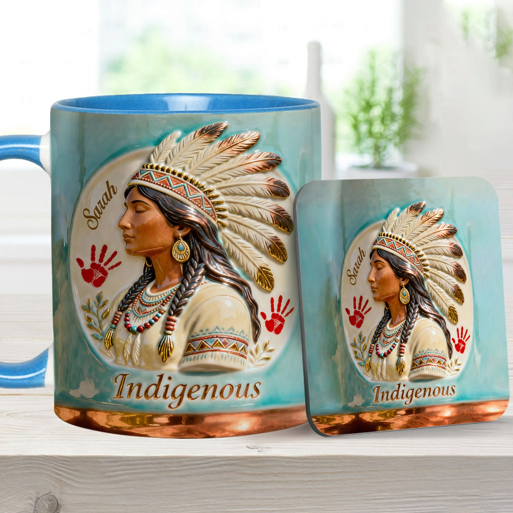 Indigenes Design – Personalisierte Tasse und Untersetzer mit amerikanischem Indianer-Akzent