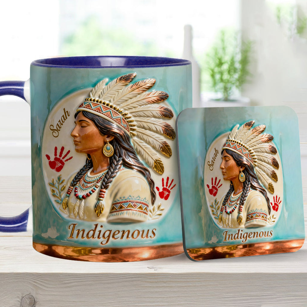 Indigenes Design – Personalisierte Tasse und Untersetzer mit amerikanischem Indianer-Akzent