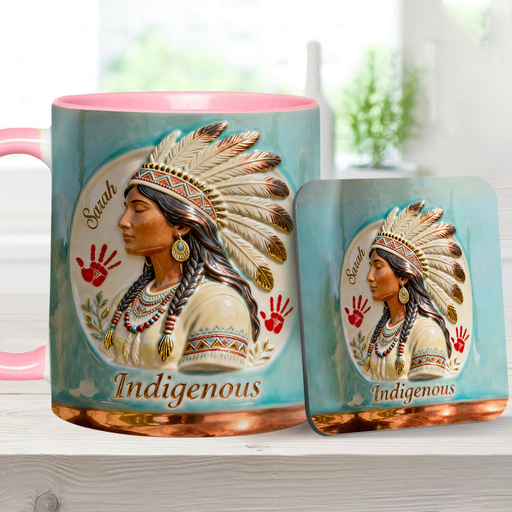 Indigenes Design – Personalisierte Tasse und Untersetzer mit amerikanischem Indianer-Akzent