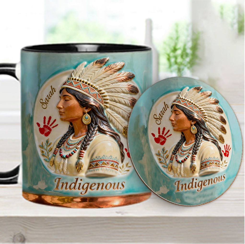 Indigenes Design – Personalisierte Tasse und Untersetzer mit amerikanischem Indianer-Akzent
