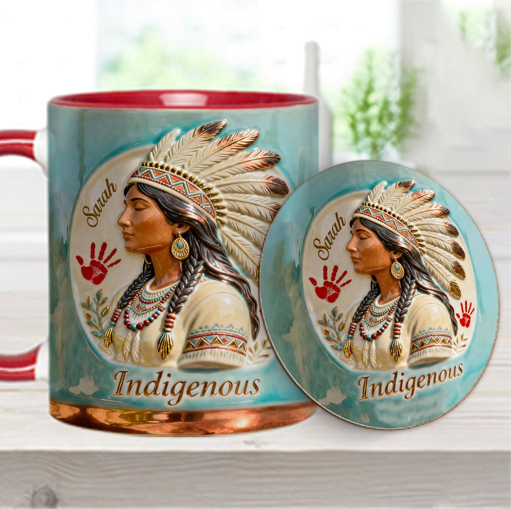 Indigenes Design – Personalisierte Tasse und Untersetzer mit amerikanischem Indianer-Akzent