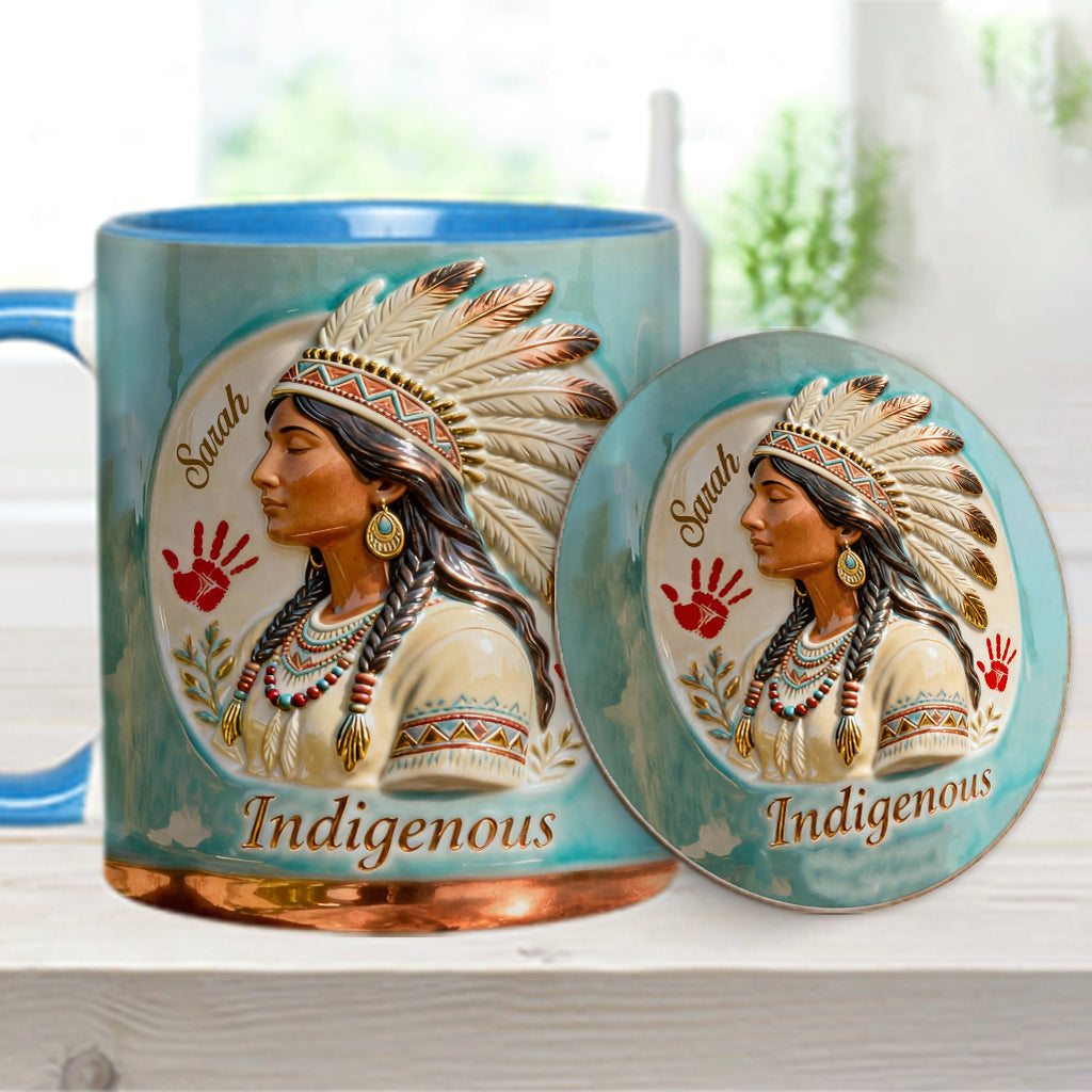 Indigenes Design – Personalisierte Tasse und Untersetzer mit amerikanischem Indianer-Akzent