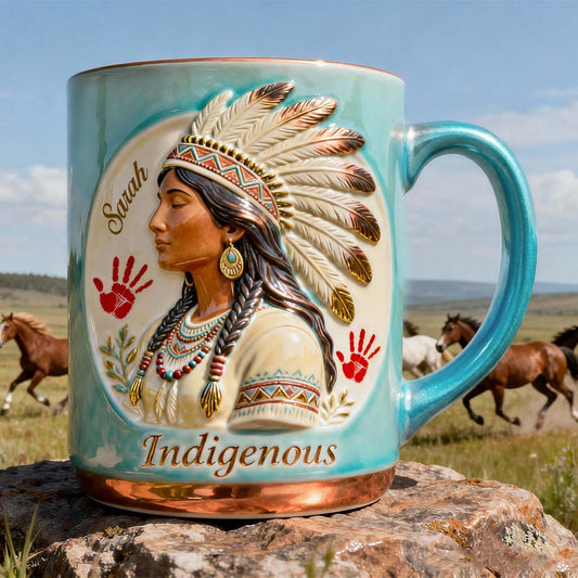 Indigenes Design – Personalisierte Tasse und Untersetzer mit amerikanischem Indianer-Akzent