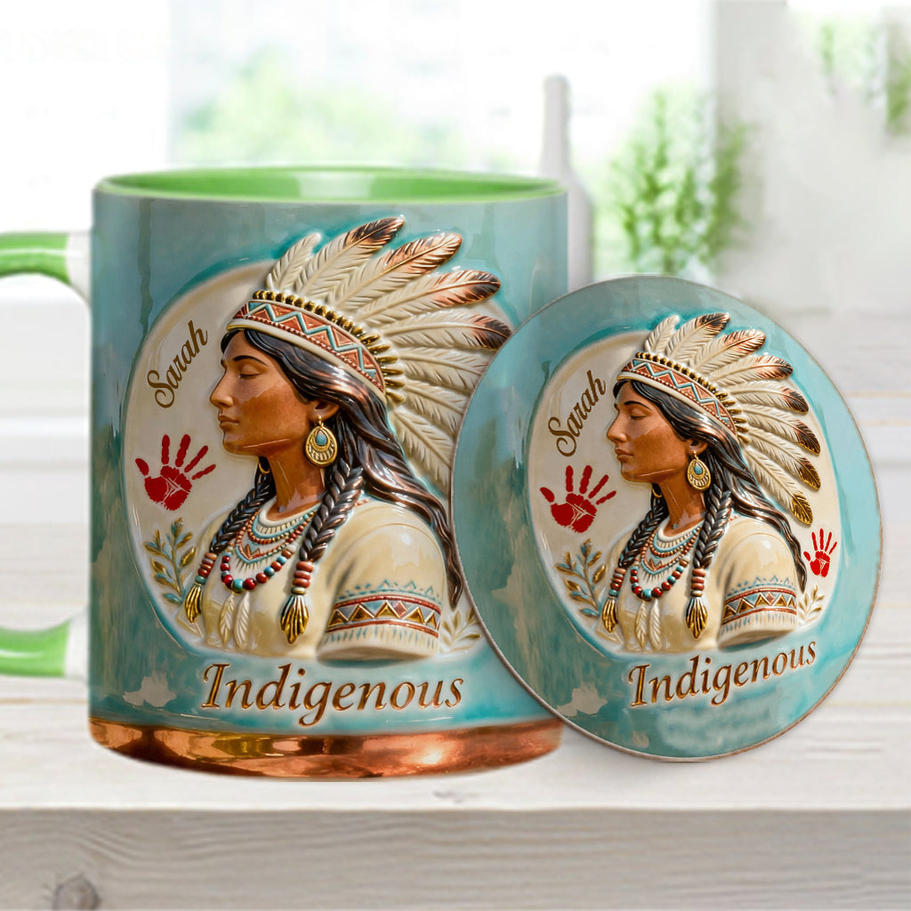 Indigenes Design – Personalisierte Tasse und Untersetzer mit amerikanischem Indianer-Akzent