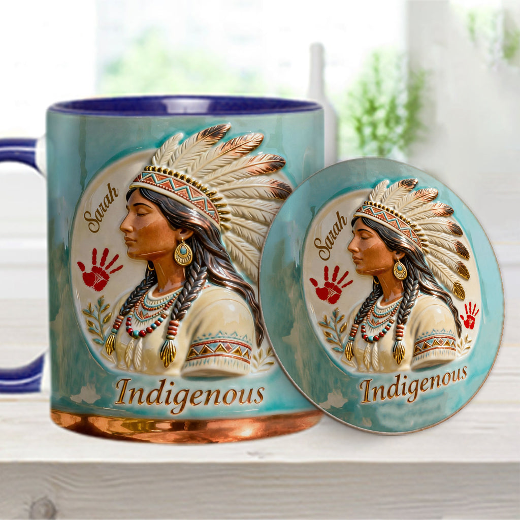 Indigenes Design – Personalisierte Tasse und Untersetzer mit amerikanischem Indianer-Akzent