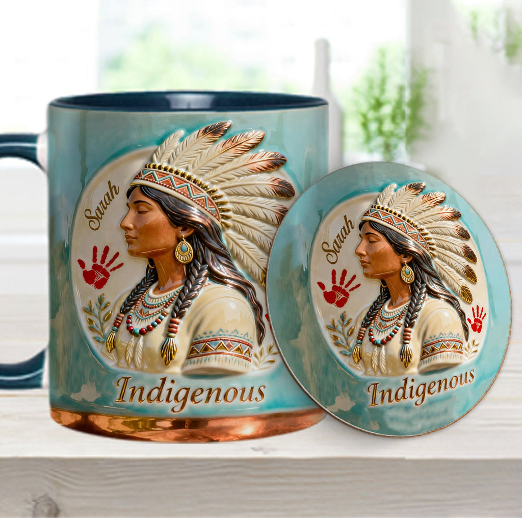 Indigenes Design – Personalisierte Tasse und Untersetzer mit amerikanischem Indianer-Akzent