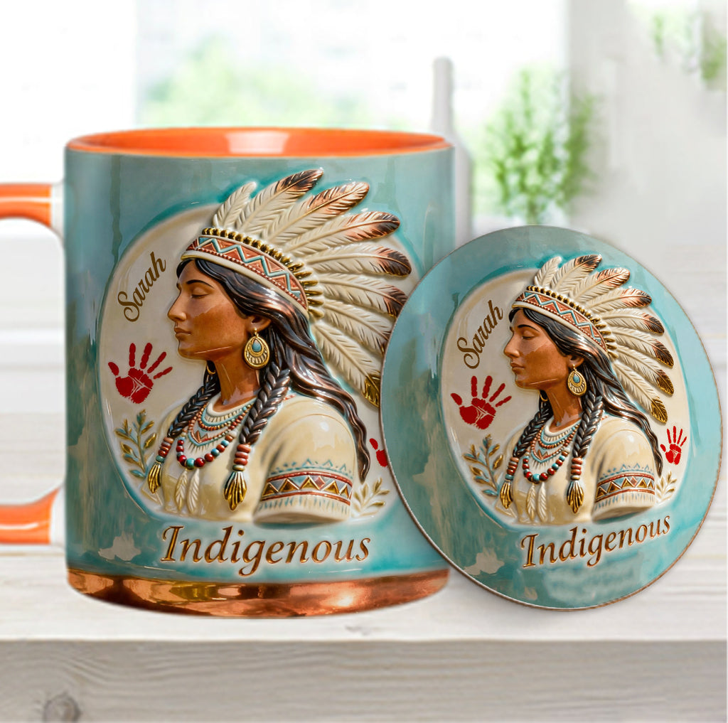 Indigenes Design – Personalisierte Tasse und Untersetzer mit amerikanischem Indianer-Akzent