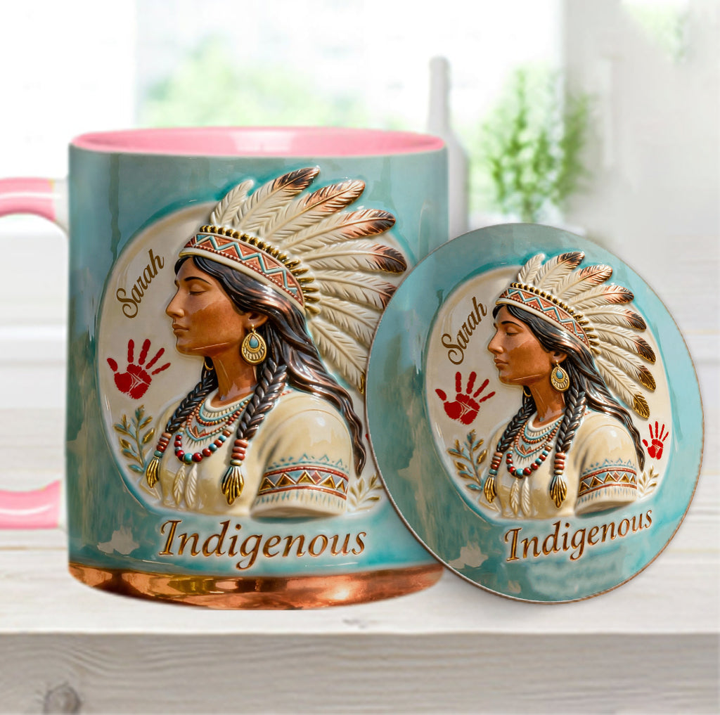 Indigenes Design – Personalisierte Tasse und Untersetzer mit amerikanischem Indianer-Akzent