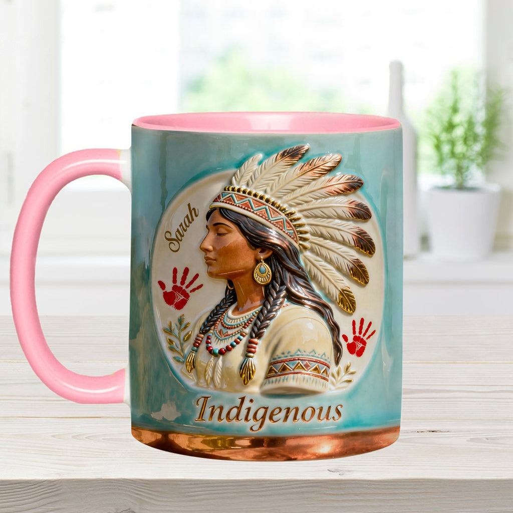 Indigenes Design – Personalisierte Tasse und Untersetzer mit amerikanischem Indianer-Akzent
