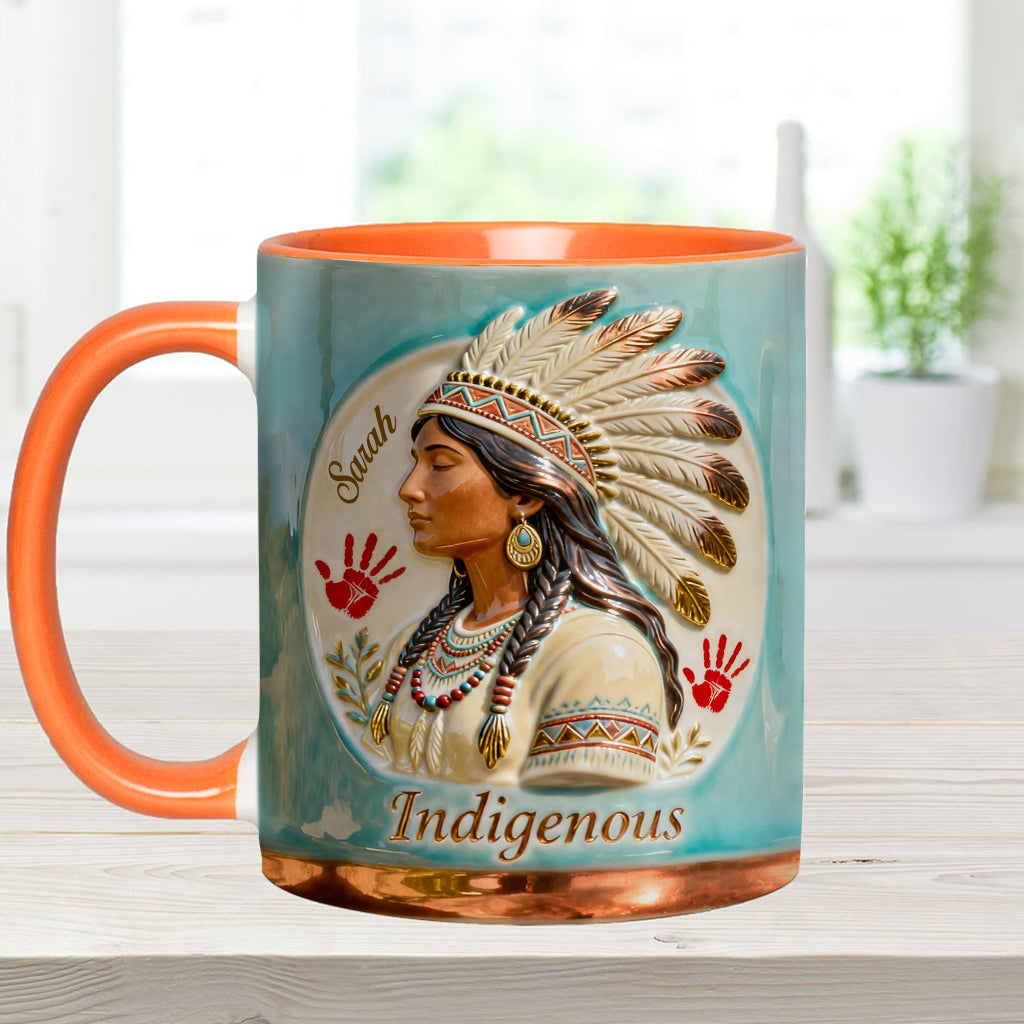 Indigenes Design – Personalisierte Tasse und Untersetzer mit amerikanischem Indianer-Akzent