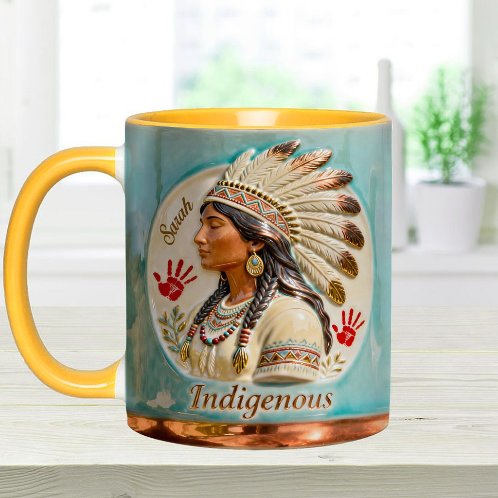 Indigenes Design – Personalisierte Tasse und Untersetzer mit amerikanischem Indianer-Akzent
