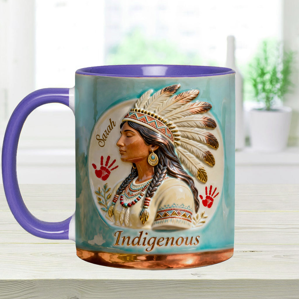 Indigenes Design – Personalisierte Tasse und Untersetzer mit amerikanischem Indianer-Akzent