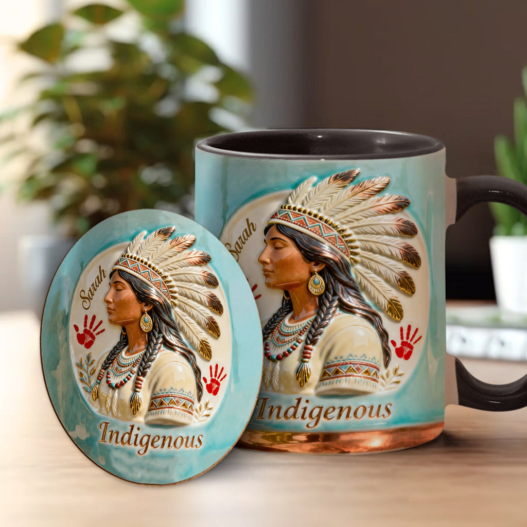Indigenes Design – Personalisierte Tasse und Untersetzer mit amerikanischem Indianer-Akzent