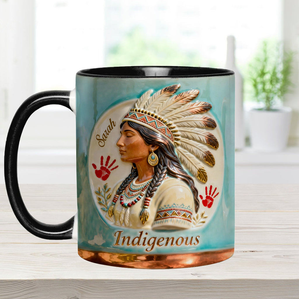 Indigenes Design – Personalisierte Tasse und Untersetzer mit amerikanischem Indianer-Akzent