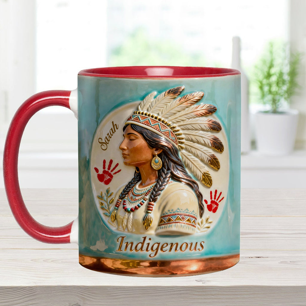 Indigenes Design – Personalisierte Tasse und Untersetzer mit amerikanischem Indianer-Akzent