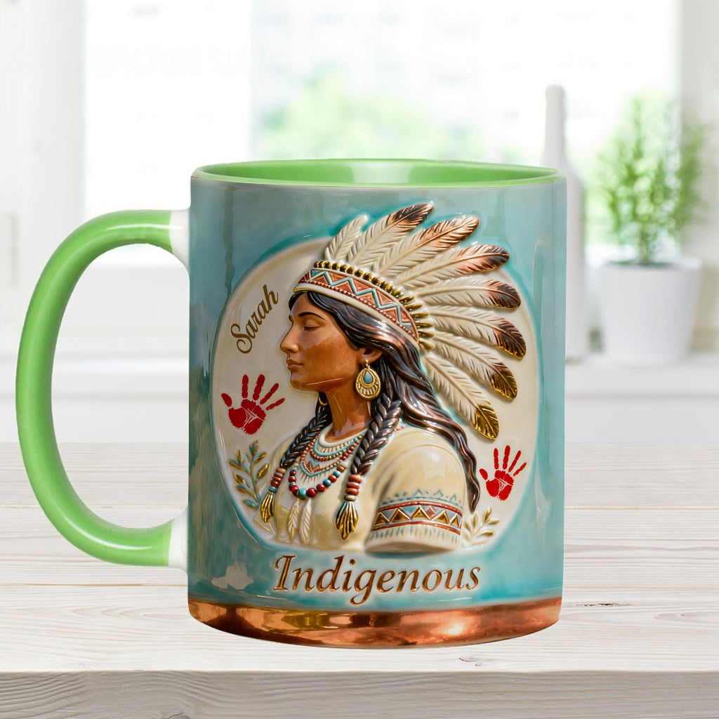 Indigenes Design – Personalisierte Tasse und Untersetzer mit amerikanischem Indianer-Akzent
