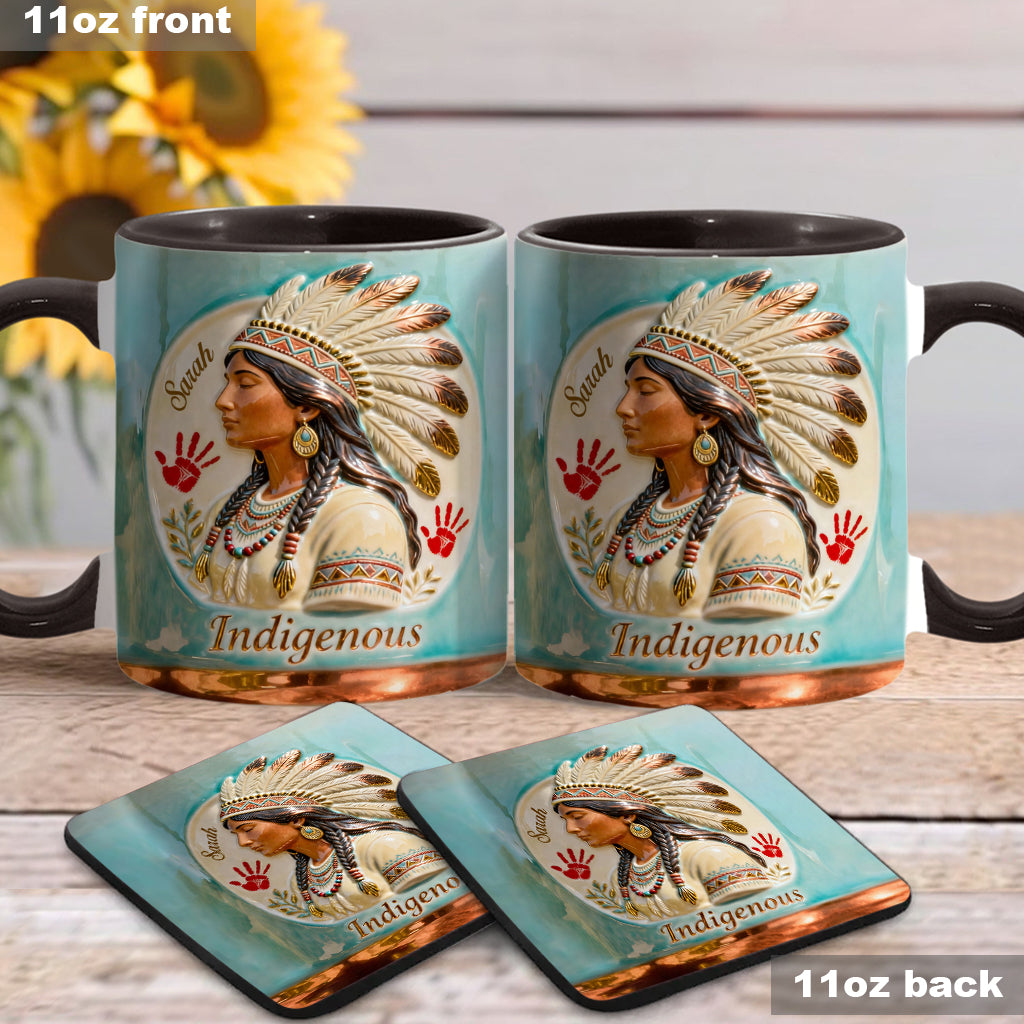 Indigenes Design – Personalisierte Tasse und Untersetzer mit amerikanischem Indianer-Akzent