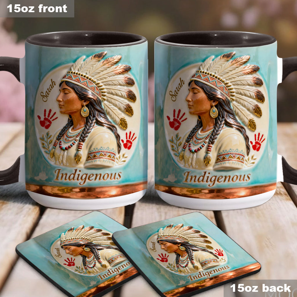 Indigenes Design – Personalisierte Tasse und Untersetzer mit amerikanischem Indianer-Akzent