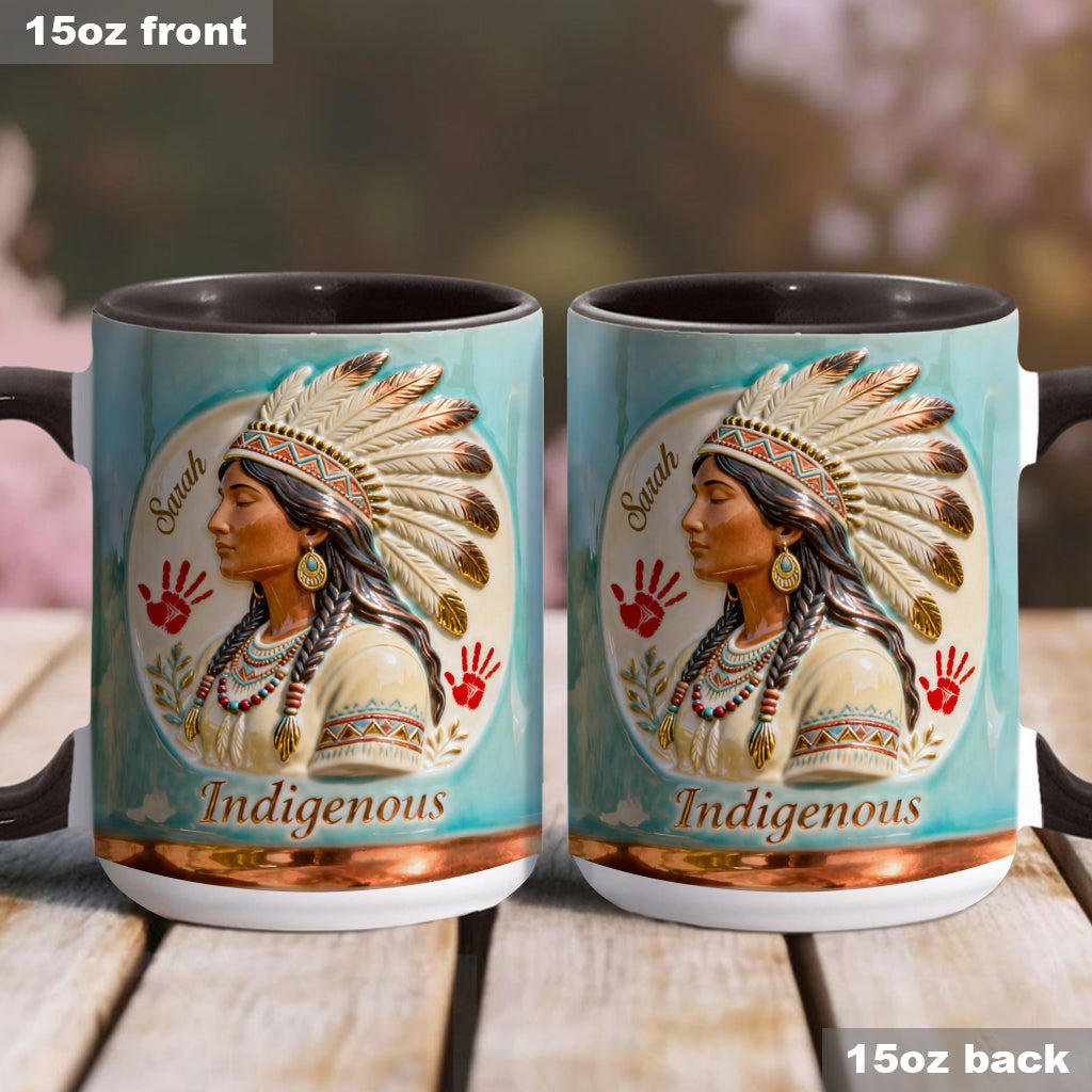 Indigenes Design – Personalisierte Tasse und Untersetzer mit amerikanischem Indianer-Akzent