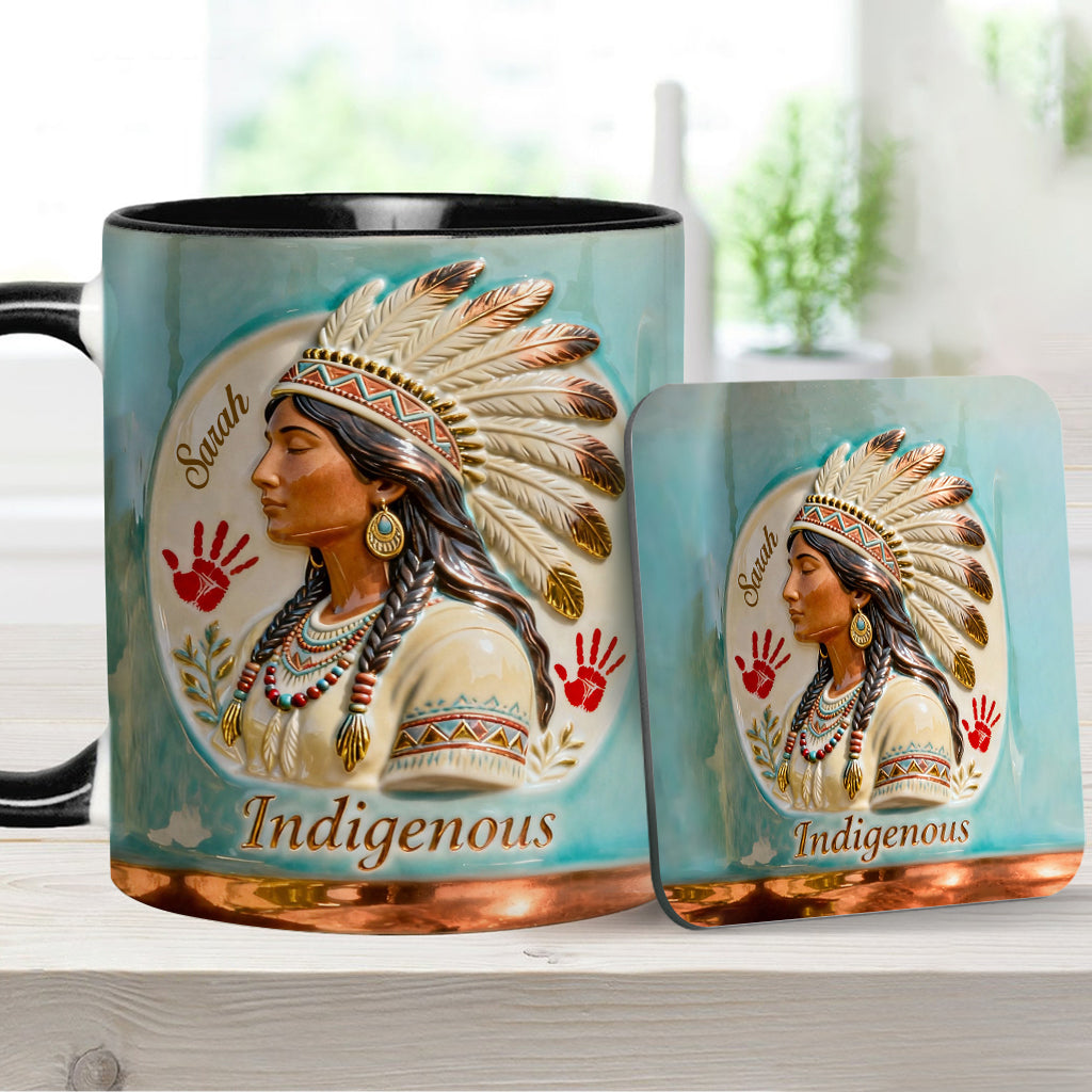Indigenes Design – Personalisierte Tasse und Untersetzer mit amerikanischem Indianer-Akzent