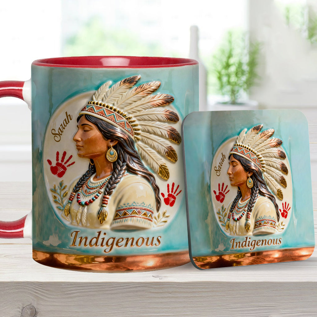 Indigenes Design – Personalisierte Tasse und Untersetzer mit amerikanischem Indianer-Akzent